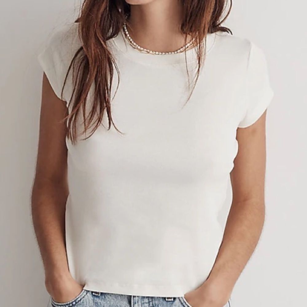 Madewell NWT Brightside Tee Small Soft Ribbed Fabric Fitted in Eyelet White